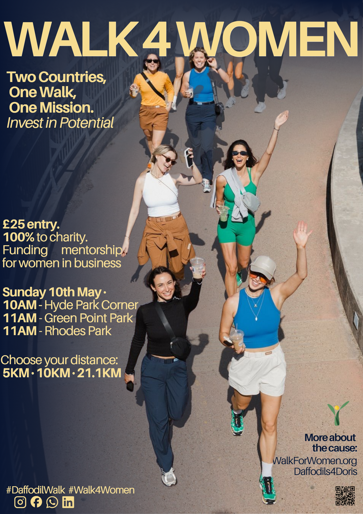 Walk 4 Women event poster — Two Countries, One Walk, One Mission. Sunday 10th May.